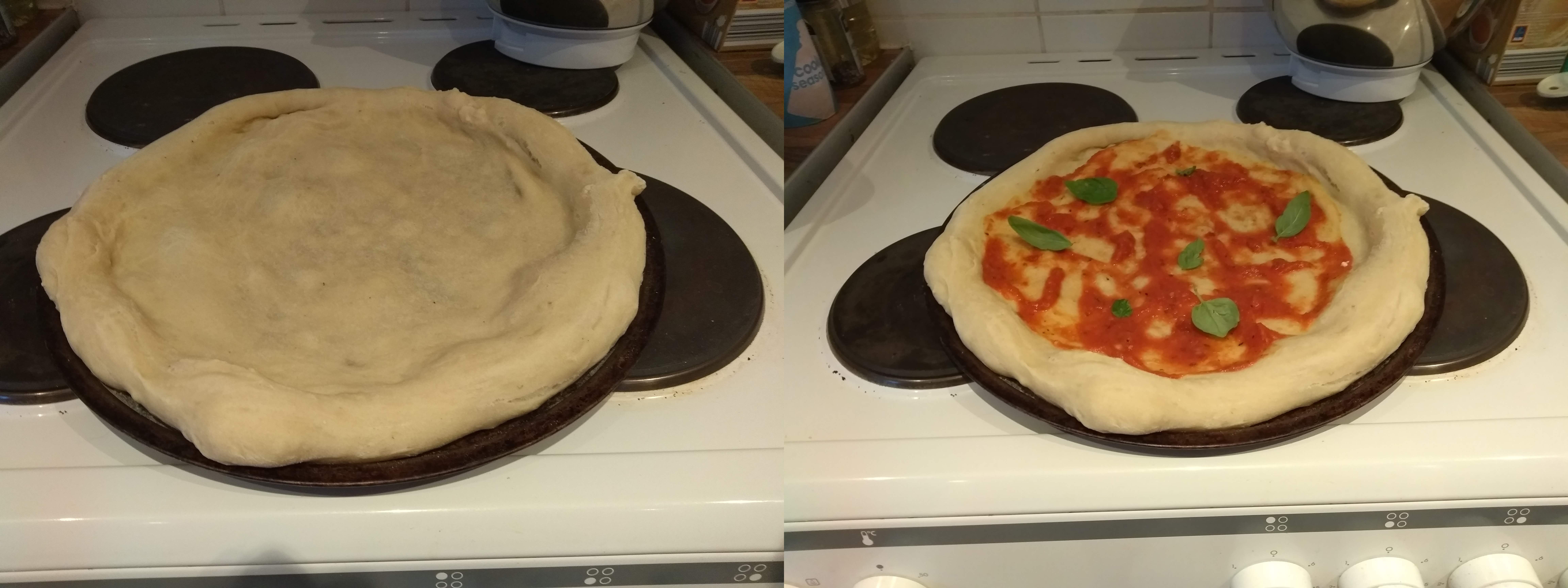 Base post-first-bake, with sauce and basil.