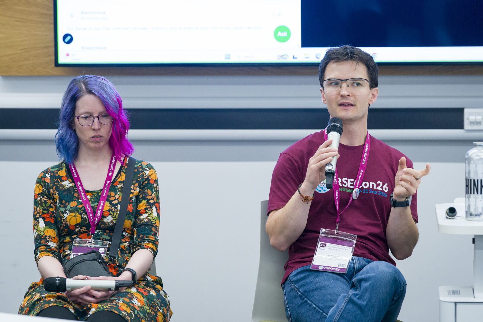 With Emma Hogan on the Geoscience SIG panel. Photo by Society of Research Software Engineering /Dominic Lipinski, licensed under CC BY-NC 4.0 .