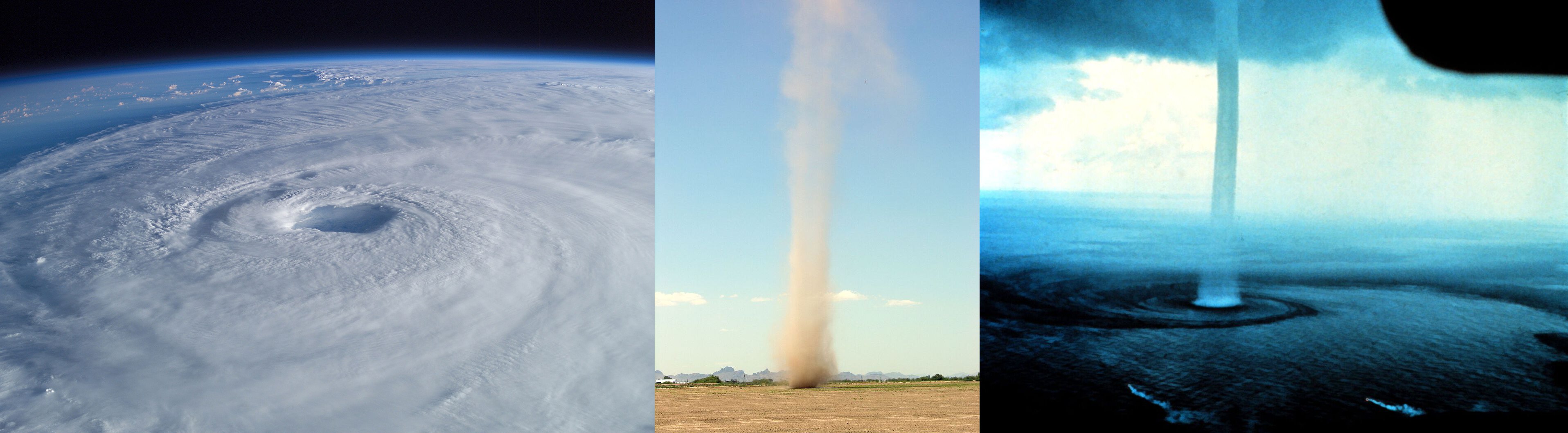 Cylindrical atmospheric vortices - tropical cyclone, dust devil, and waterspout (Creative commons; NASA and Sinclair).